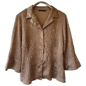 Vintage-Inspired Tunic Top XL Gold Wrinkled Textured Button Up 3/4 Sleeve